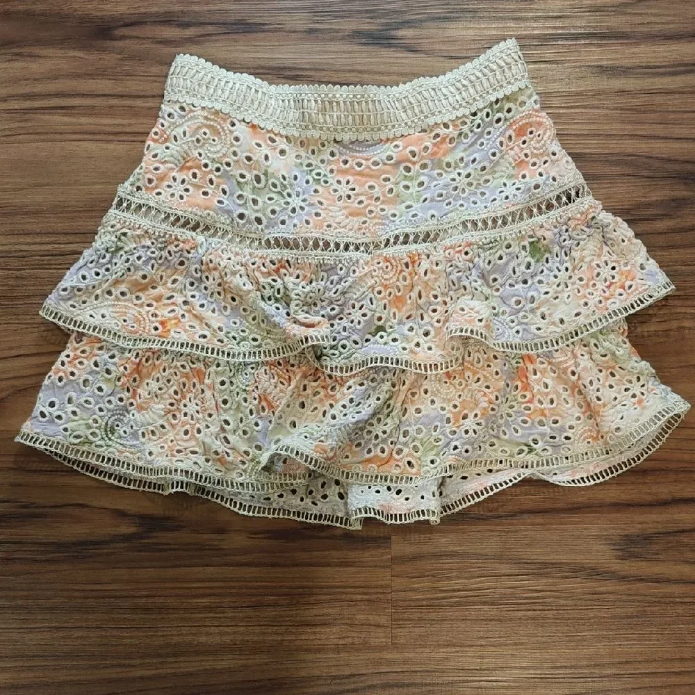 Alice + Olivia Cream and Orange Eyelet Mini Skirt